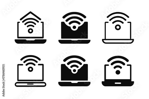Tech Logo Variations. Tech blog on laptop screen. Set Logo of Tech blog on laptop screen: wireless signal from device. Icon set. harmonious logo variations of