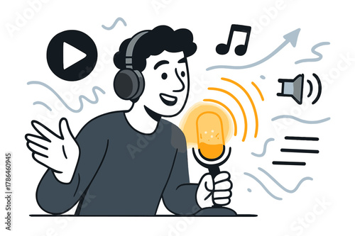 Dynamic Podcast Illustration. Radio and podcasts. A host speaking into a glowing microphone, waves and sound