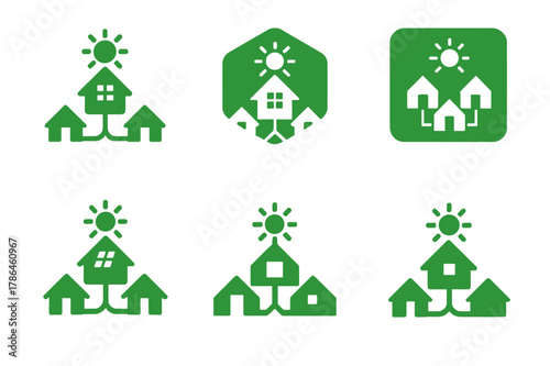 Sustainable Energy Logos. Sustainable energy startups. Icon set. Set Logo of Sustainable energy startups: microgrid house cluster. harmonious logo variations