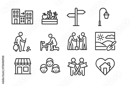 Neighborhood Revitalization Icons. Neighborhood Revitalization. Line icon set of Neighborhood Revitalization: before after buildings, community garden,