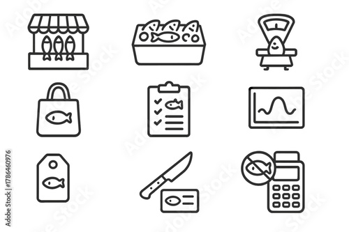 Fish Market Icons. Fish Markets and Consumers. Line icon set of Fish Markets and Consumers: market stall, iced fish display, weighing scale, reusable bag,