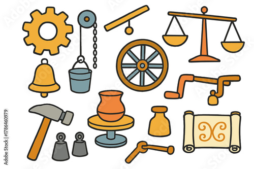 Colorful Early Machines. Early machines. Colorful Hand-drawn doodle Children illustration Early machines bronze gear, pulley, lever, balance scale, wheel,
