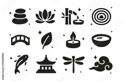 Zen Path Icons. Zen Pathway. Solid icons set of Zen Pathway: smooth stones, lotus flower, bamboo fountain, sand ripple, bridge, leaf, candle, water bowl, koi