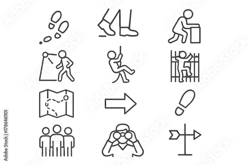 Escape Icons Set. Escape and Evasion. Line icon set of Escape and Evasion: footprint trail, quiet footsteps, avoid spotlight, hide behind object, rope descent,