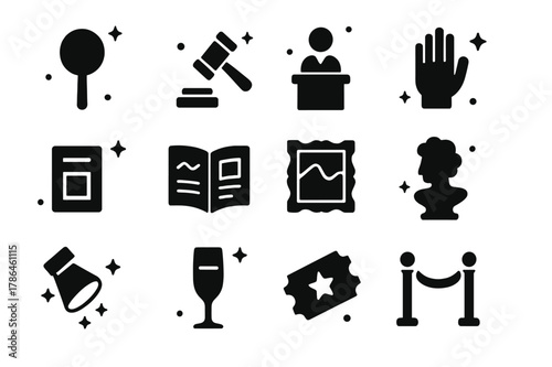 Art Auction Icons. Attending an art auction. Solid icons set of Attending an art auction: auction paddle, gavel, auctioneer podium, bidding hand, lot card,