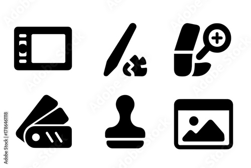 Digital Art Tools. Digital art restoration tools. Filled icon set of digital art restoration tools: graphic