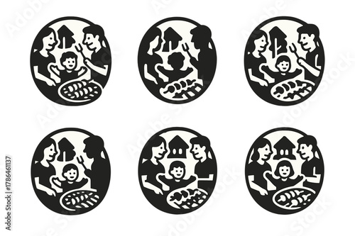BBQ Emblem Variations. A family enjoying a BBQ in the backyard, with grilled meats and vegetables. Set Logo of A family enjoying a BBQ in the backyard, with