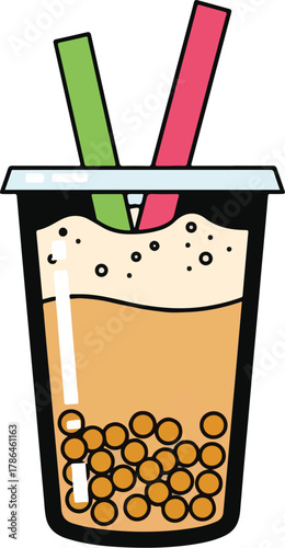 Colorful Bubble Tea Drink Illustration with Tapioca Pearls and Straws