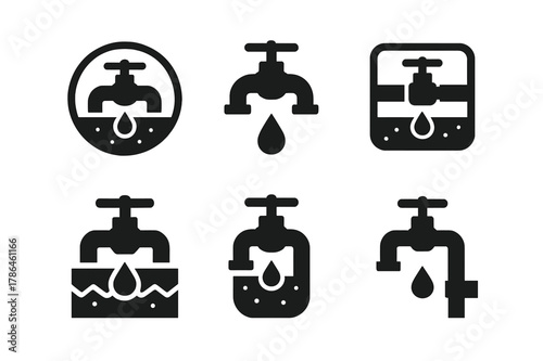 Water Main Icons. Main water line shutoff. Set Logo of underground water main symbol: Negative space, Stylized detail, Flat solid, Abstract geometric, Iconic
