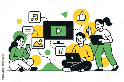 Digital Media Landscape. Media Consumption Habits. Wide view of digital media environment with multiple devices and floating abstract geometric content icons,