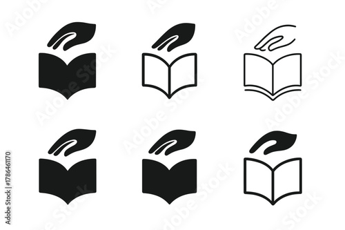 Harmonious Logo Variations. Philanthropists or nonprofit workers volunteering. Set Logo of mentorship: open book with guiding hand above. Icon set. harmonious