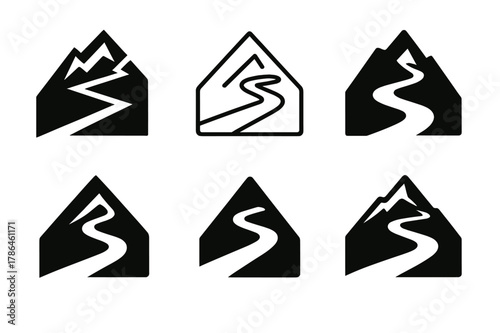 Mountain Road Logos. Mountain pass road. Set Logo of Mountain pass road: switchback hairpin. harmonious logo variations of the same emblematic concept, each
