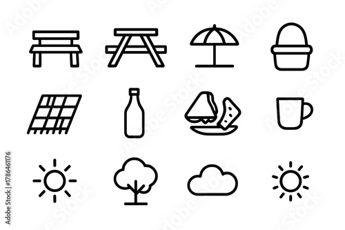 Picnic Icon Set. Weekend picnic. Line outline icon set of weekend picnic: bench, picnic table, umbrella,