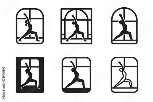Yoga Pose Variations. A person performing yoga poses in front of a window with a beautiful view. Icon set. Set Logo of yoga scene: person in warrior pose in