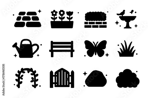 Garden Walkway Icons. Garden Walkway. Solid icons set of Garden Walkway: paving stones, flower bed, hedge, birdbath, watering can, wooden bench, butterfly,