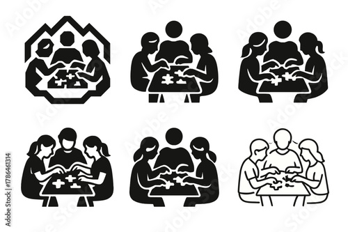 Family Puzzle Logos. A family putting together a puzzle on a cozy afternoon. Set Logo of a family putting together a puzzle on a cozy afternoon: family
