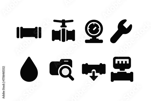 Pipeline Inspection Icons. Pipeline inspection. Filled icon set of pipeline inspection: pipe, valve, gauge,