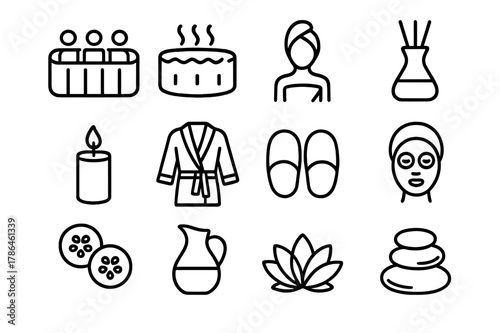 Spa Icon Collection. Spa and Wellness. Line icon set of Spa and Wellness: jacuzzi, hot tub bubbles, towel wrap, aroma diffuser, candle, bathrobe, slippers,