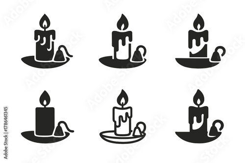 Hanukkah Candle Icons. Hanukkah celebrations with menorahs and candles. Set Logo of candle care: candle tray with snuffer and wax drips. Icon set. harmonious