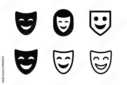 Comedy Mask Icons. Humorous Content. Set Logo of Humorous Content: comedy mask. Icon set. harmonious logo variations of the same emblematic concept, each with