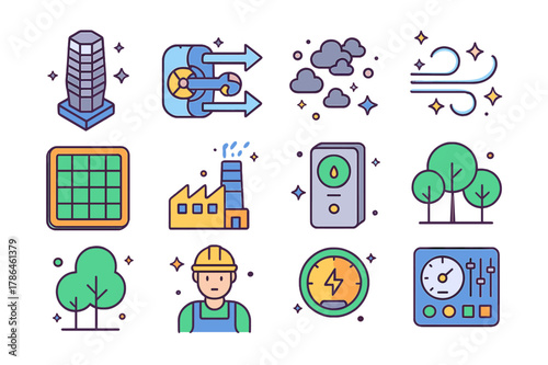 Isometric Air Purification Icons. Urban air cleaner. Colorful isometric vector icons set of urban air cleaner: air purification tower, ventilation system,