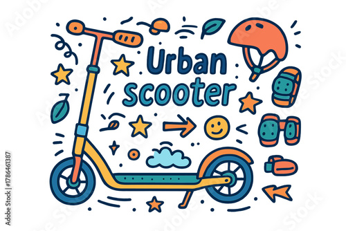 Urban Scooter Doodle. Urban scooter. Hand-drawn doodle illustration of Urban scooter. Wheels, handlebars, deck