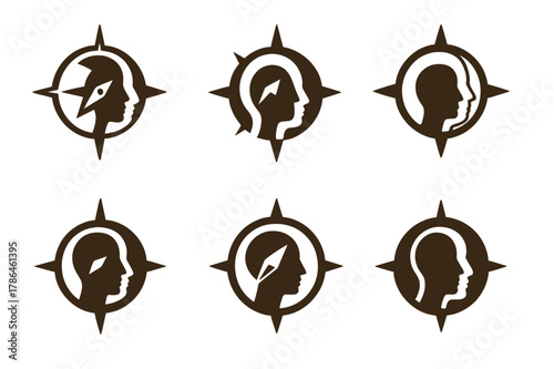 Personalized Coaching Logos. Personalized career coaching. Set Logo of personalized career coaching: compass merged with a human profile. Icon set. harmonious