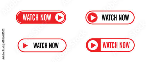 Red “Watch Now” button icon set  modern flat vector design with play symbol for video streaming, media platform, website interface, and digital marketing projects