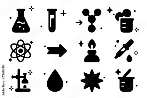 Chemical Synthesis Icons. Chemical Synthesis. Solid icons set of Chemical Synthesis: flask, test tube, beaker, molecule, atom, reaction arrow, Bunsen burner,