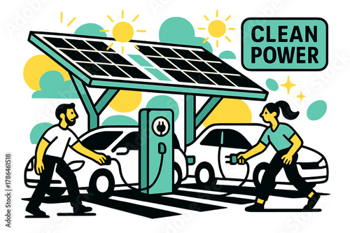 Solar Canopy Parking. Green infrastructure ? Solar canopies over parking. Sun icons pulse above angled panels; drivers plug in while long shadows stripe the