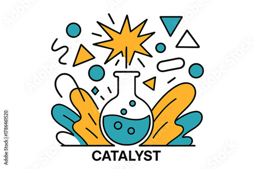 Dynamic Chemical Reaction. Catalyst. Spark igniting a chemical reaction with floating abstract geometric shapes and glowing accents, dynamic and transformative