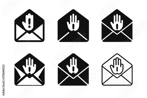 Cease and Desist Logos. Lawyers and clients discussing intellectual property cases. Set Logo of cease and desist letter: envelope with exclamation mark and