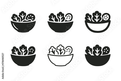 Salad Bowl Icons. Salad bowl. Icon set. Set Logo of salad bowl: family-size salad bowl centerpiece. harmonious logo variations of the same emblematic concept,