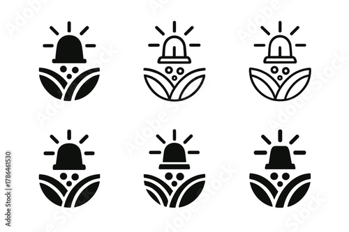 Hailstorm Prevention Logos. Hailstorm damage prevention in agriculture. Icon set. Set Logo of Hailstorm damage prevention in agriculture: crop field with