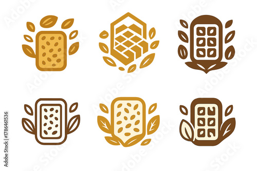 Granola Bar Logos. Baking a batch of granola bars for on-the-go snacks. Set Logo of baking a batch of granola bars for on-the-go snacks: granola ingredients
