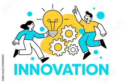 Innovative Illumination. The concept of innovation, lightbulb turning on, gears and cogs in motion, Innovation is the key phrase. Modern flat-line