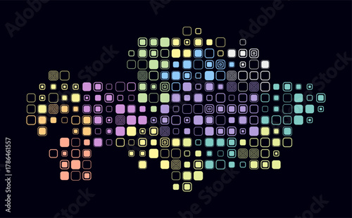 Kazakhstan, shape of the country build of colored cells. Digital style map of the Kazakhstan on dark background. Large size rounded square blocks. Awesome vector illustration.