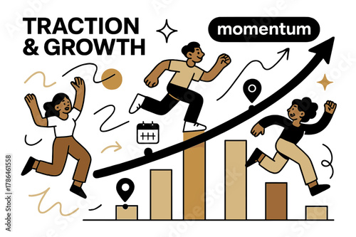 Momentum Visualized. Pitch Deck ? Traction & Growth. Bars and curves soar upward; milestone icons pulse at key dates. Label ?momentum.? glows at peak. Modern