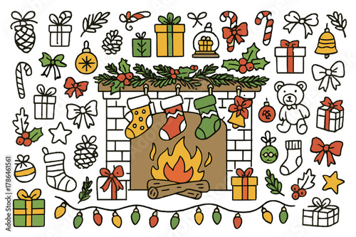 Festive Christmas Fireplace. Festive fireplace. Hand-drawn doodle illustration Christmas stockings (colored), fireplace (colored), mantel (colored), candy