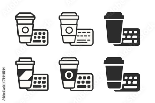 Coffee and Work Icons. Drinking coffee while working. Icon set. Set Logo of drinking coffee while working: takeaway coffee cup next to keyboard. harmonious