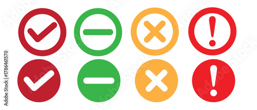 Set of colorful check, minus, cross, and exclamation icons modern flat vector design for confirmation, error, warning, and notification UI or UX interface projects