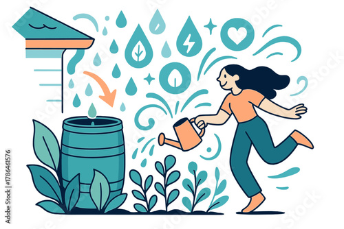 Sustainable Rainwater Harvesting. Rainwater collection. A sleek barrel catches rain from the roof while plants