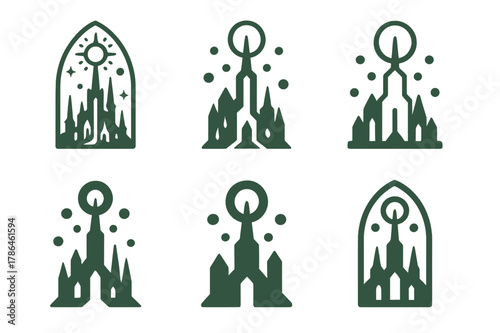 Mystical City Logos. A mystical city with towering spires and floating orbs of light. Set Logo of A mystical city with towering spires and floating orbs of
