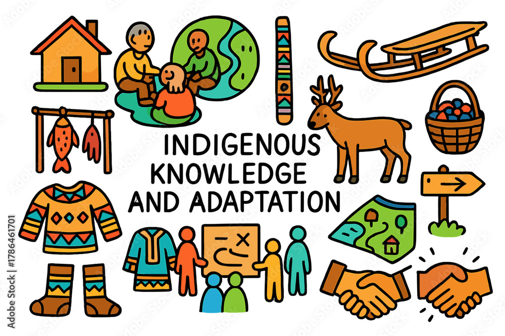 Naklejka premium Indigenous Knowledge Doodle. Indigenous knowledge and adaptation. Colorful Hand-drawn doodle Children illustration Indigenous knowledge and