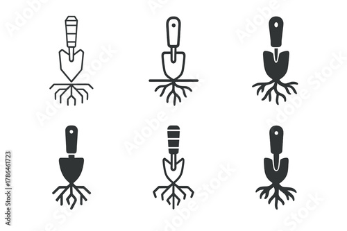 Hori-Hori Logo Variations. Pulling weeds. Set Logo of Pulling weeds: hori-hori weeding knife with roots. Icon set. harmonious logo variations of the same