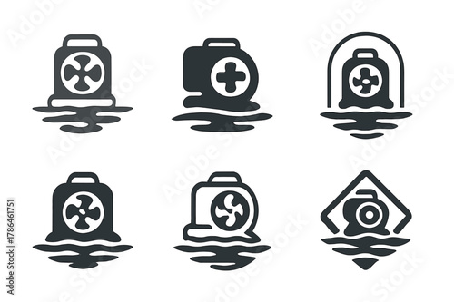 Flood Damage Logo Designs. Dealing with home flooding and water damage. Set Logo of dealing with home flooding and water damage: drying fan above reflective