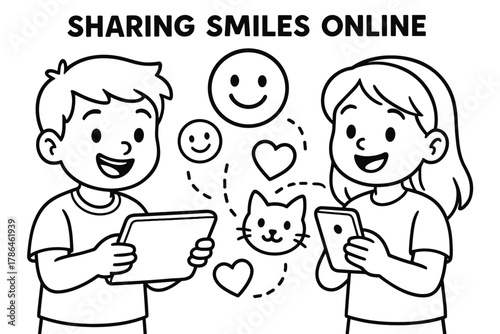 Kids Sharing Smiles Online. Sharing smiles online children?s coloring book illustration, outlined drawing,