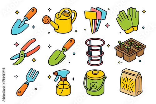 Tomato Gardening Tools. Home tomato gardening tools. Colorful isometric vector icons set of Home tomato gardening tools: hand trowel, watering can, plant