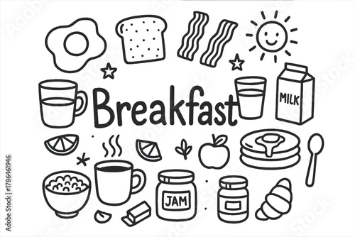 Doodle Breakfast Icons. Breakfast. Hand-drawn doodle illustration of breakfast. Fried egg, toast, bacon,