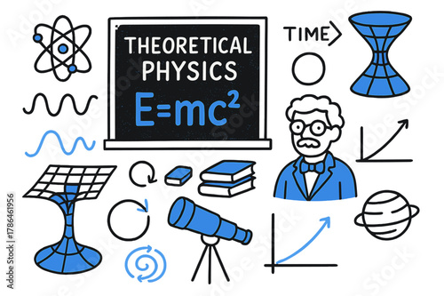 Theoretical Physics Doodles. // Theoretical physics. Hand-drawn doodle illustration Theoretical physics [blackboard (accented), formula E=mc? (accented), atom